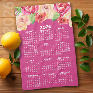 Linge De Cuisine Calendrier Peint Aquarelle Fleurs rose chaud