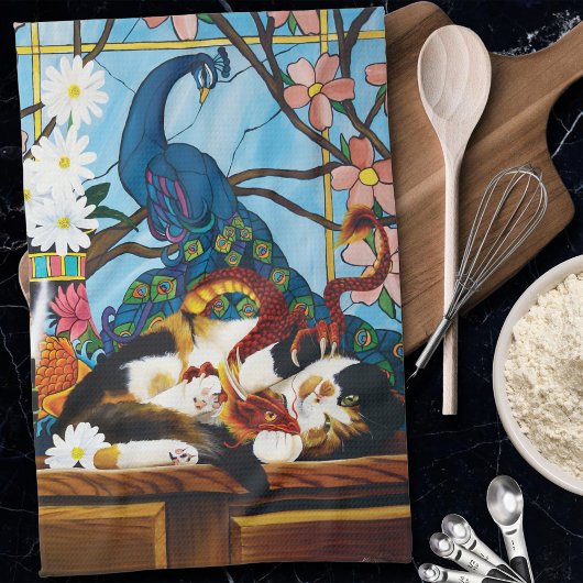 Linge De Cuisine Calico Cat Dragon Rouge