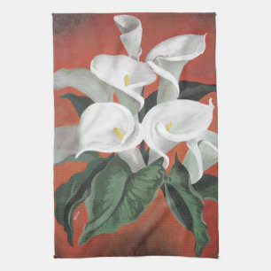 Linge De Cuisine Calla Lilies Sur Un Arrière - plan Rouge
