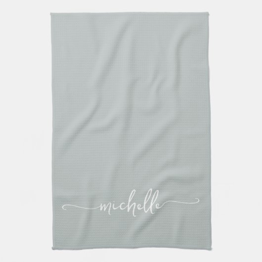 Linge De Cuisine Calligraphie Sage Green Monogramme Nom Script (Vertical)
