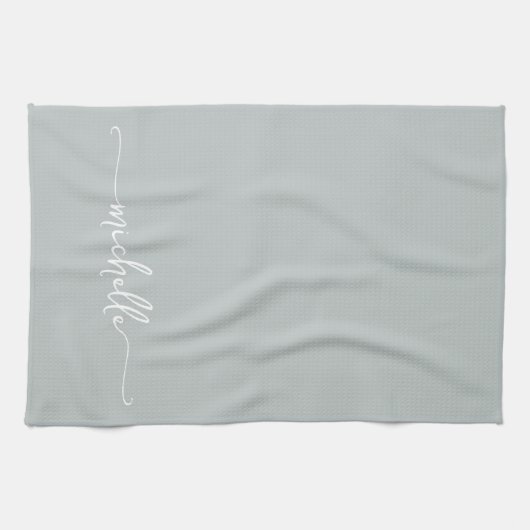 Linge De Cuisine Calligraphie Vert Sauge Monogramme Nom Script (Horizontal)
