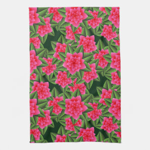Linge De Cuisine Camellias rose corail et Feuilles verts