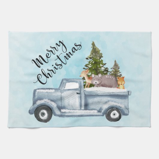 Linge De Cuisine Camion de Noël avec pins et animaux de forêt (Horizontal)