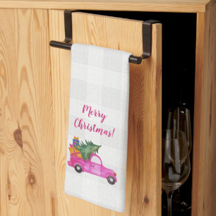 Linge De Cuisine Camion rose de Noël avec arbre et voeux