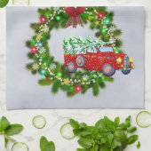 Linge De Cuisine Camion Rouge Traversant Une Guirlande De Noël (Plié)