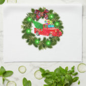 Linge De Cuisine Camion Rouge Traversant Une Guirlande De Noël (Plié)