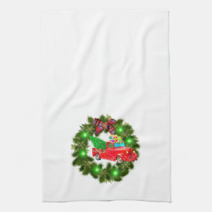 Linge De Cuisine Camion Rouge Traversant Une Guirlande De Noël