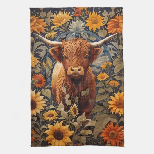 Linge De Cuisine Campagne rustique Highland Cow Sunflowers (Vertical)