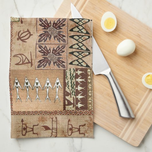 Linge De Cuisine Canoë à voile hawaïen et Petroglyph Tapa (Quart Plié)