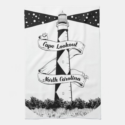 Linge De Cuisine Cape Lookout Lighthouse noir et blanc (Vertical)