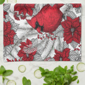 Linge De Cuisine Cardinaux et poinsettia en rouge et blanc (Plié)