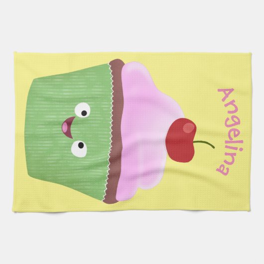 Linge De Cuisine Caricature de cupcake joyeux (Horizontal)