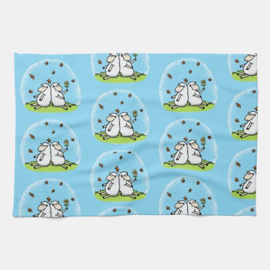 Linge De Cuisine Caricature de moutons mignons amis et papillons (Horizontal)