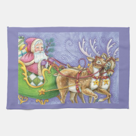 Linge De Cuisine Caricature de Noël Santa Claus Sleigh Reindeer (Horizontal)