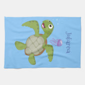 Linge De Cuisine Caricature joyeuse de tortue de mer verte mignonne (Horizontal)