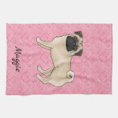 Linge De Cuisine Carlin Fun Chien Cute Mops Et Coeurs Rose Avec Nom (Horizontal)