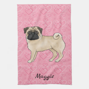 Linge De Cuisine Carlin Fun Chien Cute Mops Et Coeurs Rose Avec Nom