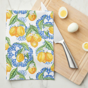 Linge De Cuisine Carreau de majolique bleu et citrons à l'aquarelle