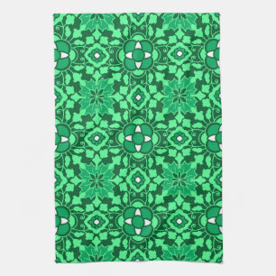 Linge De Cuisine Carreau marocain floral, vert jade clair et foncé