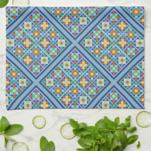 Linge De Cuisine Carreaux bleu marocain en joli motif diamant