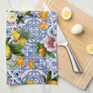 Linge De Cuisine Carreaux bleus Méditerranéen Floral 