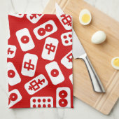 Linge De Cuisine Carreaux de Mahjong blanc sur rouge (Quart Plié)