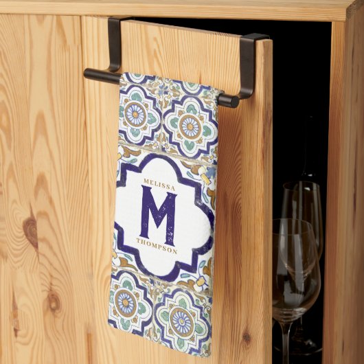 Linge De Cuisine Carreaux d'ornement vintages Monogramme (Pliage en tiers)