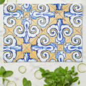 Linge De Cuisine Carreaux espagnols - Azulejo Bleu, Jaune et Blanc (Plié)