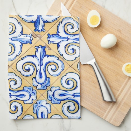 Linge De Cuisine Carreaux espagnols - Azulejo Bleu, Jaune et Blanc (Quart Plié)