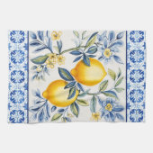 Linge De Cuisine Carreaux Méditerranéens Bleus Avec Citrons (Horizontal)