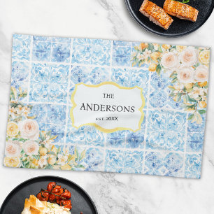 Linge De Cuisine Carreaux Méditerranéens Bleus Fleur Citron Nom de