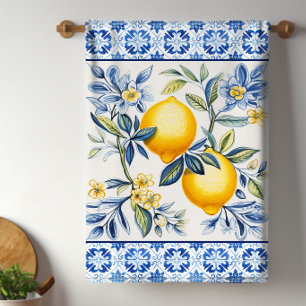 Linge De Cuisine Carrelage Bleu Méditerranéen Avec Citrons