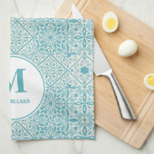 Linge De Cuisine Carrelage bleu portugais Turquoise Monogramme (Quart Plié)
