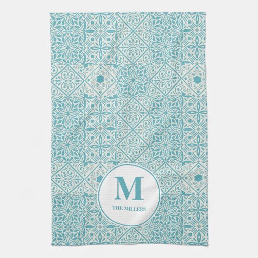 Linge De Cuisine Carrelage bleu portugais Turquoise Monogramme (Vertical)