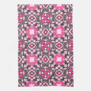 Linge De Cuisine Carrelage Floral marocain, Fuchsia rose & gris / G