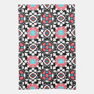 Linge De Cuisine Carrelage marocain floral, noir, blanc et rose cor