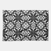 Linge De Cuisine Carrelage marocain floral, noir et blanc (Horizontal)