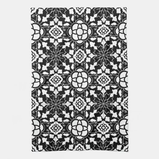 Linge De Cuisine Carrelage marocain floral, noir et blanc (Vertical)