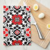 Linge De Cuisine Carrelage marocain floral, rouge profond, noir et  (Quart Plié)