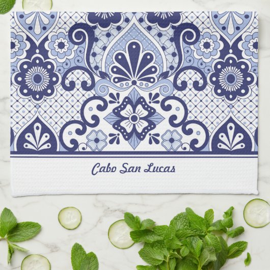 Linge De Cuisine Carrelage Talavera mexicain bleu et blanc personna (Plié)