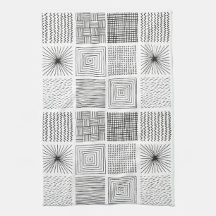 Linge De Cuisine Carrés dessinés à la main Abstrait noir et blanc B