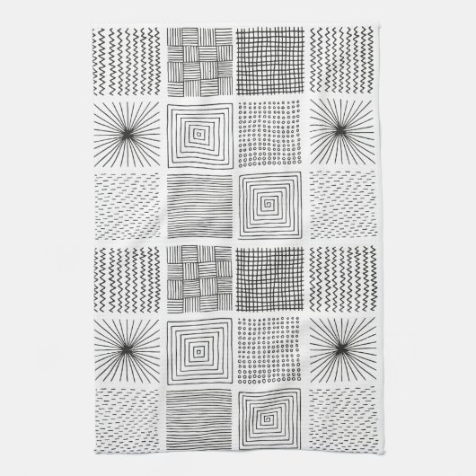 Linge De Cuisine Carrés dessinés à la main Abstrait noir et blanc B (Vertical)