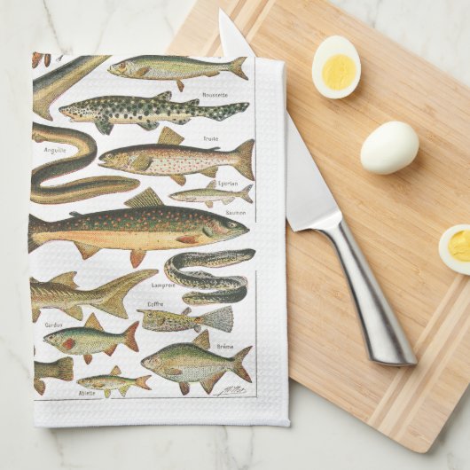 Linge De Cuisine Carte de poissons antique Sous l'océan (Quart Plié)