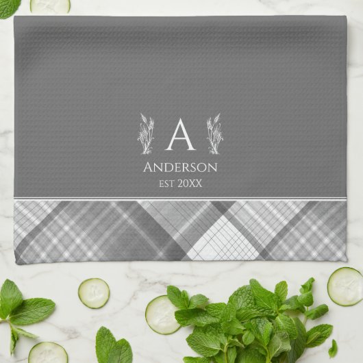 Linge De Cuisine Carte gris foncé Nom personnalisé Monogramme (Plié)