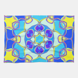 Linge De Cuisine Carton Mandala Flower bleu jaune et rose