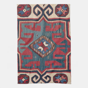 Linge De Cuisine Cartouche Star II 19th Century Colorful Red Blue