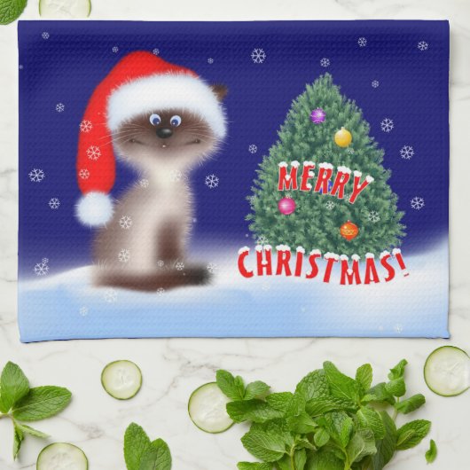 Linge De Cuisine Cat à Santa Hat (Plié)