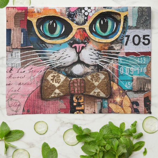 Linge De Cuisine Cat Mixed Mixed Paper Collage Kitchen Towel (Plié)