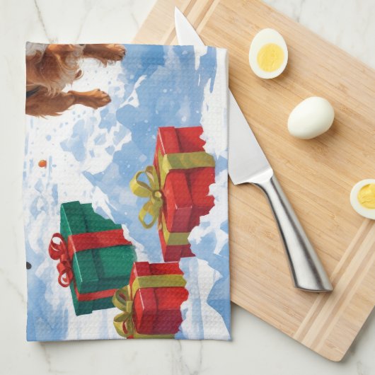 Linge De Cuisine Cavalier King Charles Spaniel Neige avec Noël (Quart Plié)