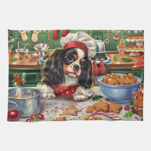 Linge De Cuisine Cavalier King Charles Spaniel préparant Noël (Horizontal)
